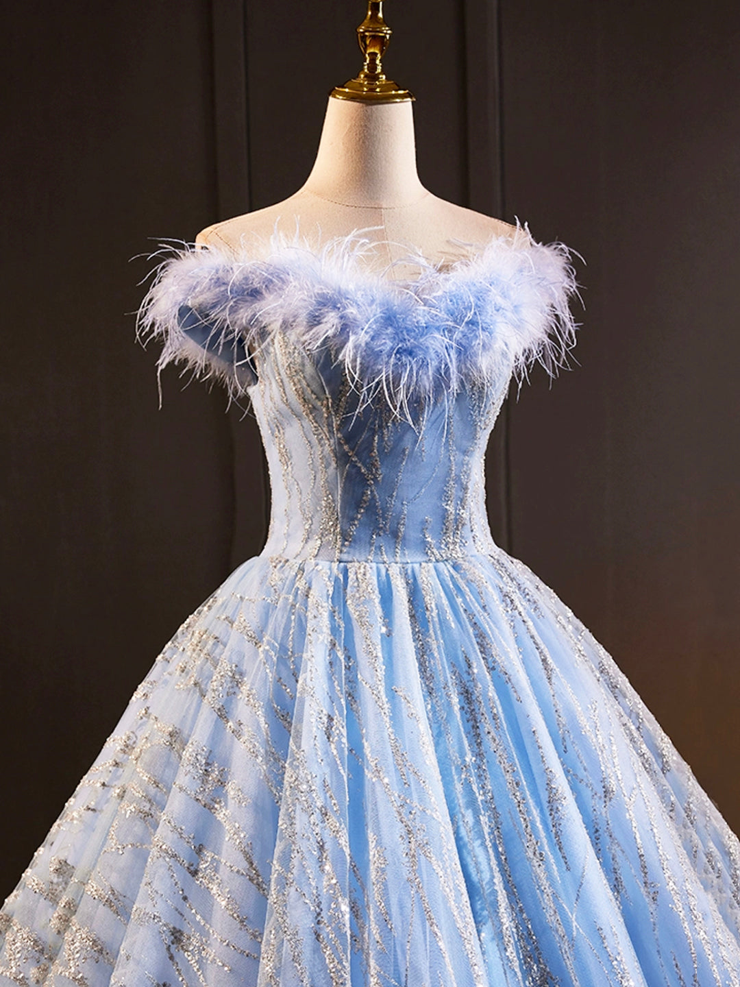 A Line Sequins Blue Tulle Long Prom Dresses Evening Dresses with Feather DP1099
