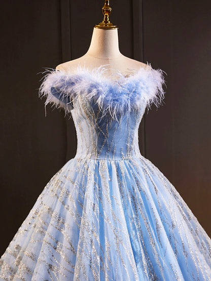 A Line Sequins Blue Tulle Long Prom Dresses Evening Dresses with Feather DP1099