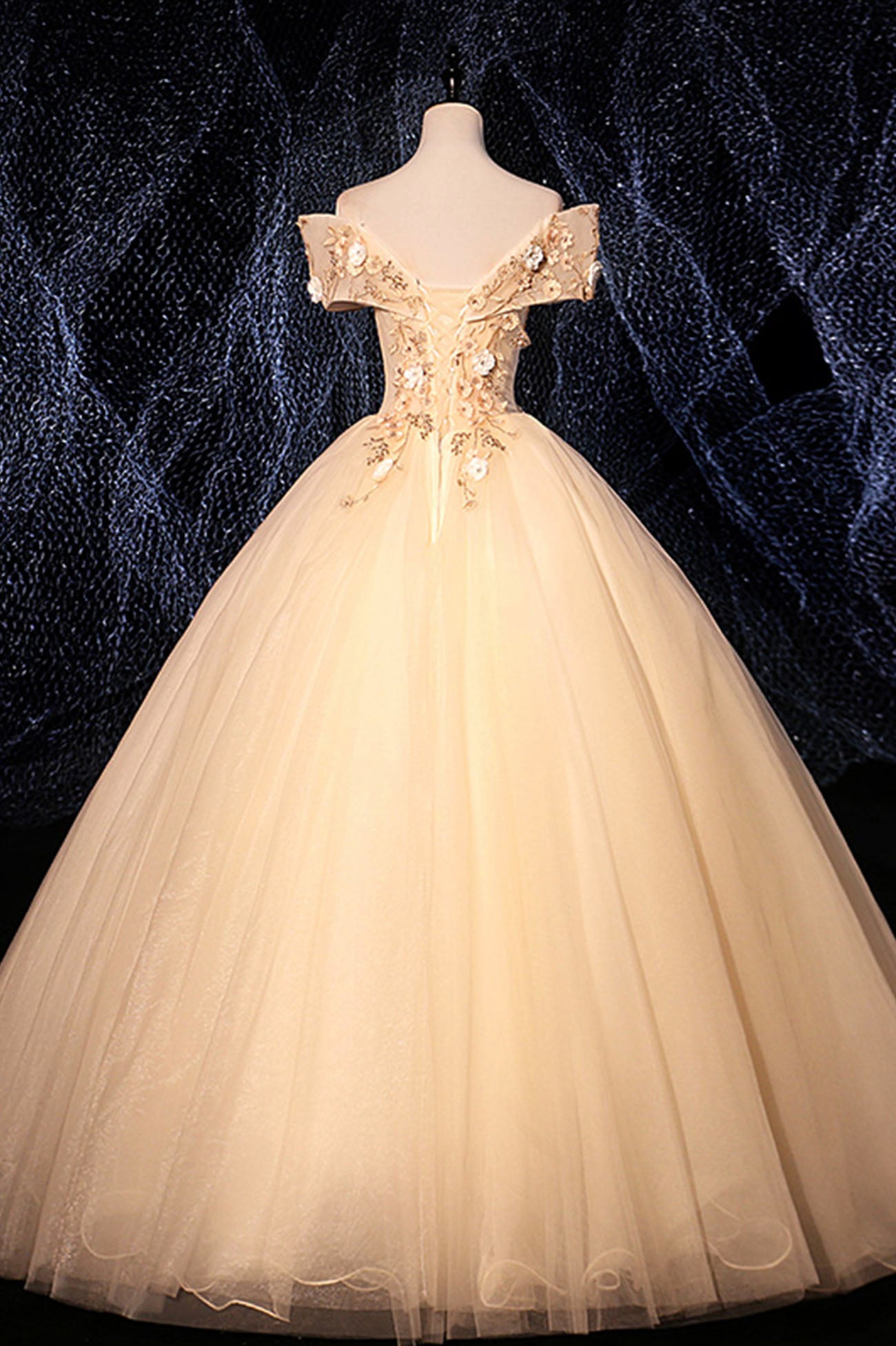 Champagne Lace Appliques Tulle Long Prom Dress Evening Dress DP937