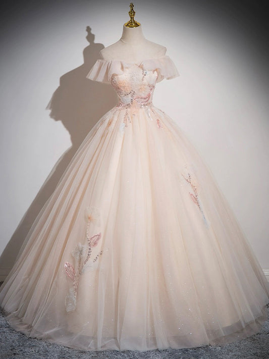 Elegant Off the Shoulder Appliques Sequins Tulle Long Prom Dress Ball Gown DP1136