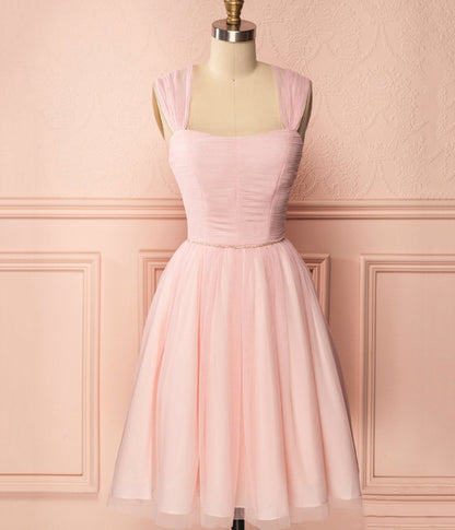 Simple Pink A Line Spaghetti Strap Tulle Bridesmaid Dresses DP916
