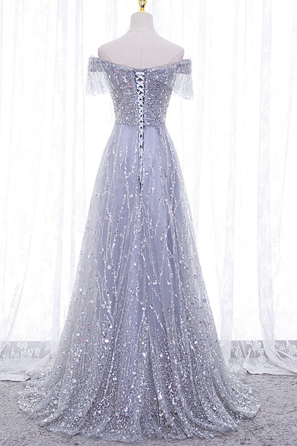 Elegant A Line Off the Shoulder Sequins Tulle Long Prom Dress Evening Dress DP1231