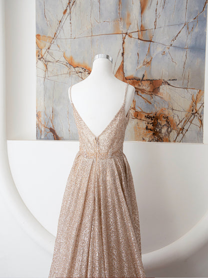Champagne A Line Spaghetti Strap Sequins Long Prom Dress Evening Dress DP906