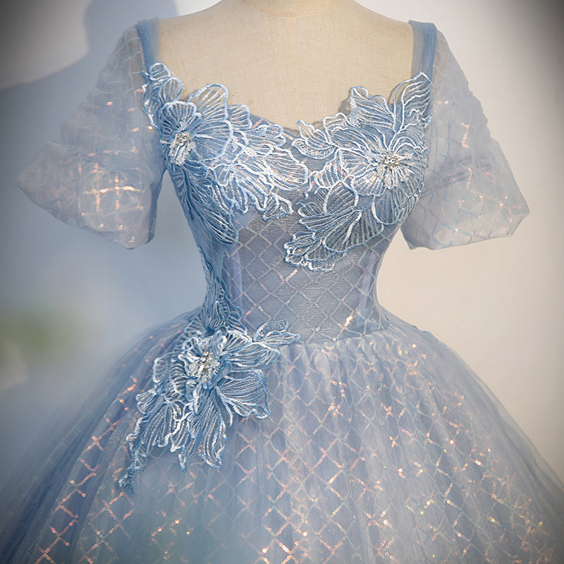 Blue A Line Short Sleeve Sequins Tulle Lace Long Prom Dress Evening Dress DP1312
