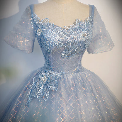 Blue A Line Short Sleeve Sequins Tulle Lace Long Prom Dress Evening Dress DP1312