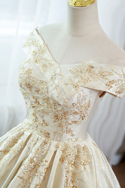 Champagne A Line Sequins Beaded Satin Long Ball Gown Formal Gown DP926