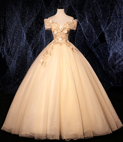 Champagne Lace Appliques Tulle Long Prom Dress Evening Dress DP937