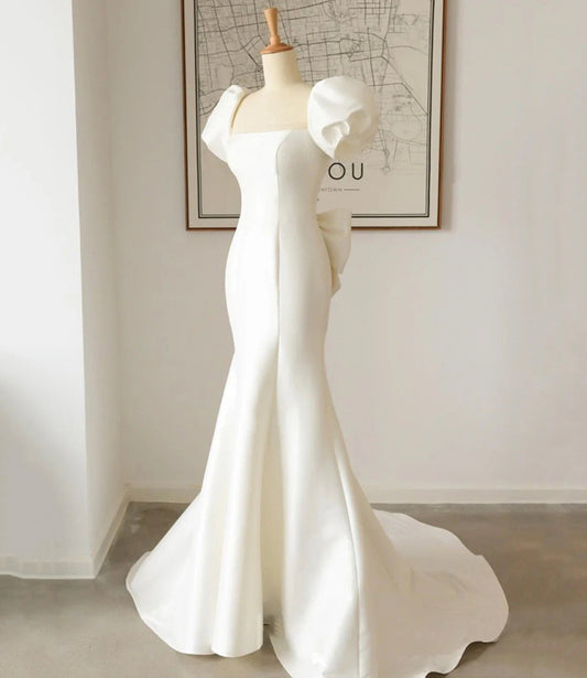 Mermaid Puff Sleeve Bow Satin Prom Dresses Evening Dresses DP1075
