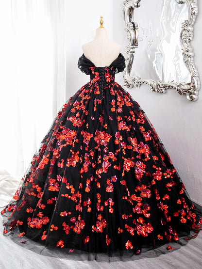 Off-the-shoulder Black Tulle Red Sequins Long Formal Gown  Evening Party Dress DP914