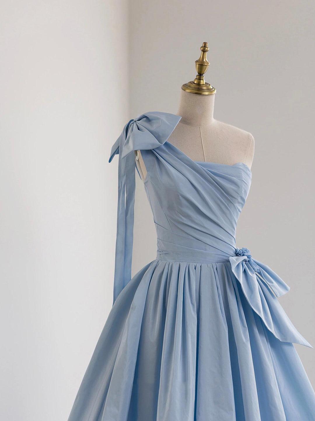 Blue Satin Bow One Shoulder Floor Length Prom Dress DP1073