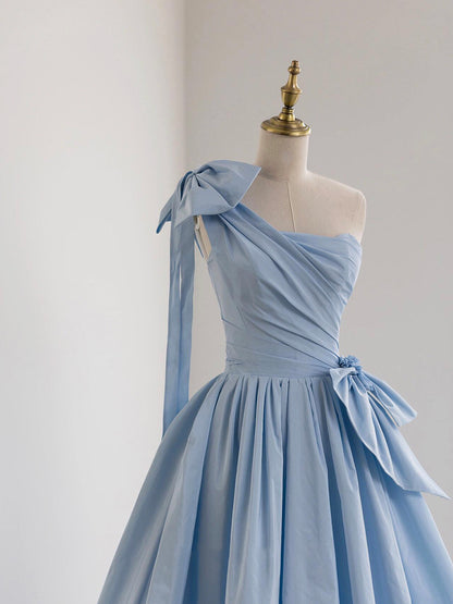 Blue Satin Bow One Shoulder Floor Length Prom Dress DP1073