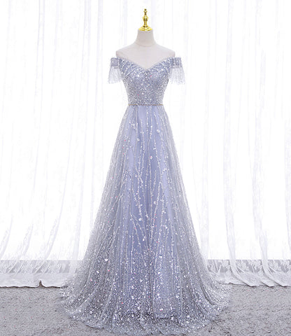 Elegant A Line Off the Shoulder Sequins Tulle Long Prom Dress Evening Dress DP1231