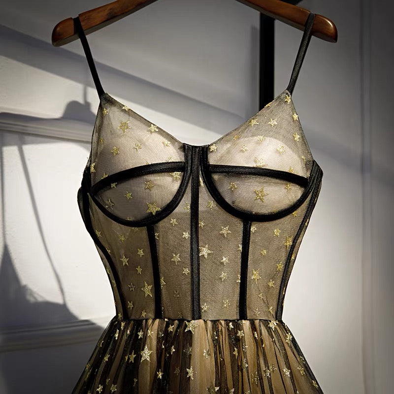 A Line Spaghetti Straps Tulle Prom Dress with Stars Evening Gown DP1076