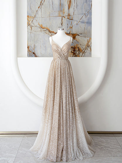 Champagne A Line Spaghetti Strap Sequins Long Prom Dress Evening Dress DP906