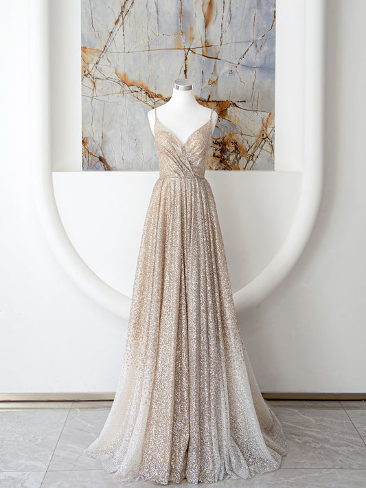 Champagne A Line Spaghetti Strap Sequins Long Prom Dress Evening Dress DP906