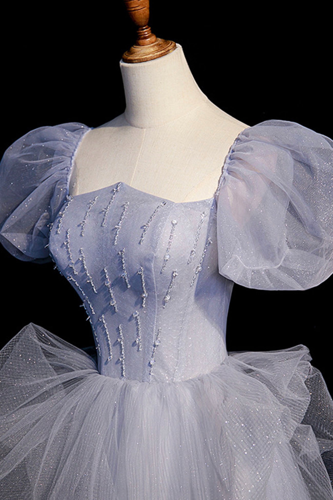 Blue A Line Off the Shoulder Beads Tulle Prom Dress Evening Dress DP1263