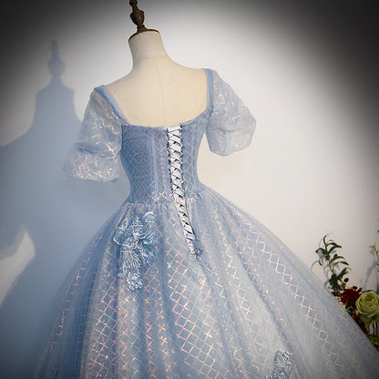 Blue A Line Short Sleeve Sequins Tulle Lace Long Prom Dress Evening Dress DP1312