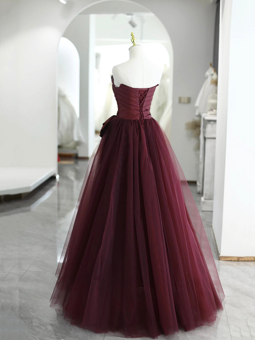 Burgundy Strapless Fold Bow Satin Tulle Floor Length Prom Dress DP951