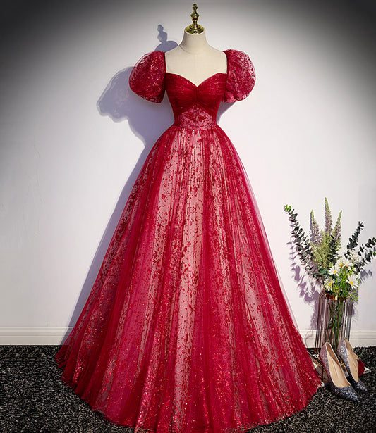 Burgundy A Line Sequins Tulle Long Prom Dress Evening Dress DP968