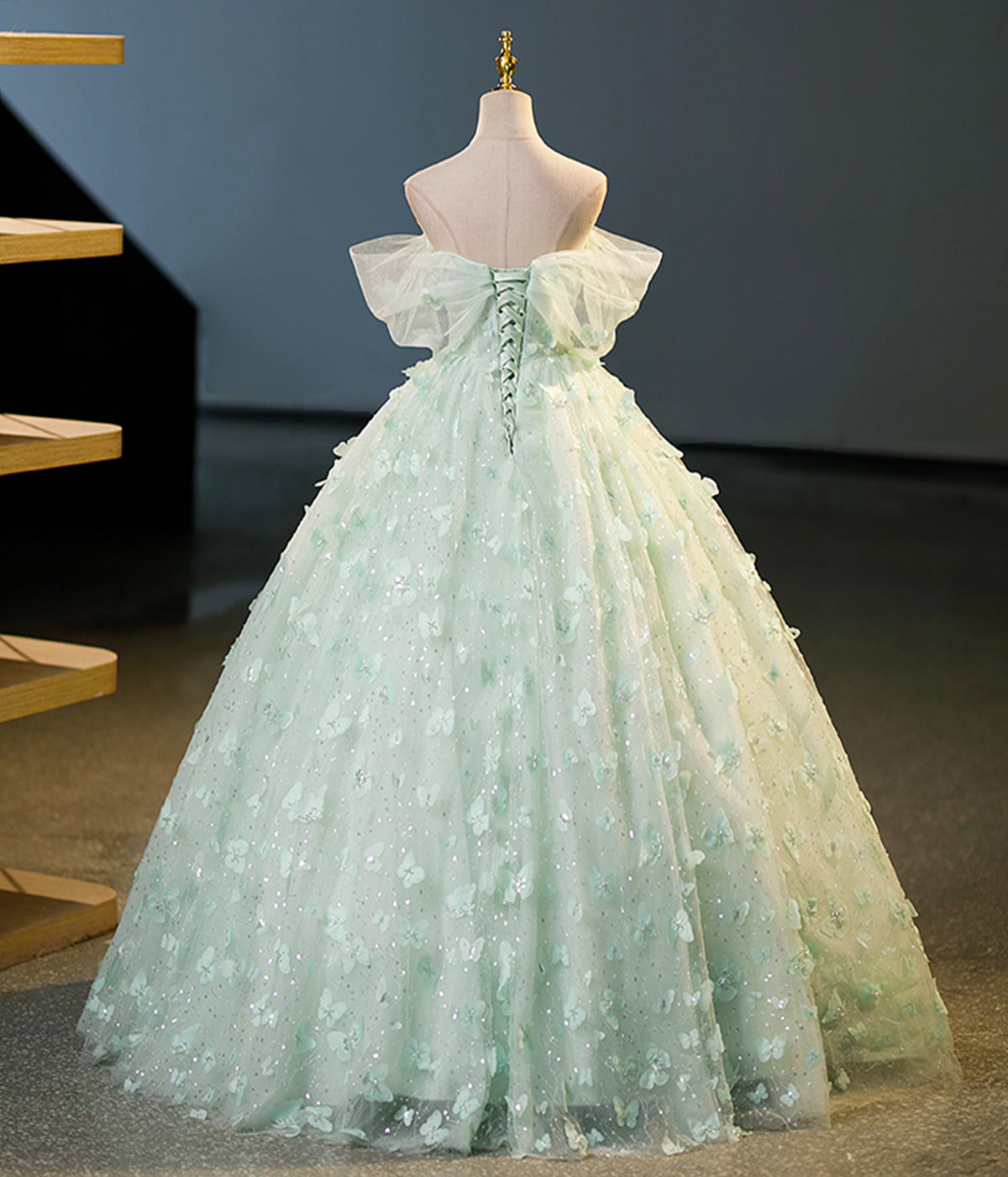 Green Off the Shoulder Appliques Sequins Tulle Long Formal Dress Ball Gown DP1183