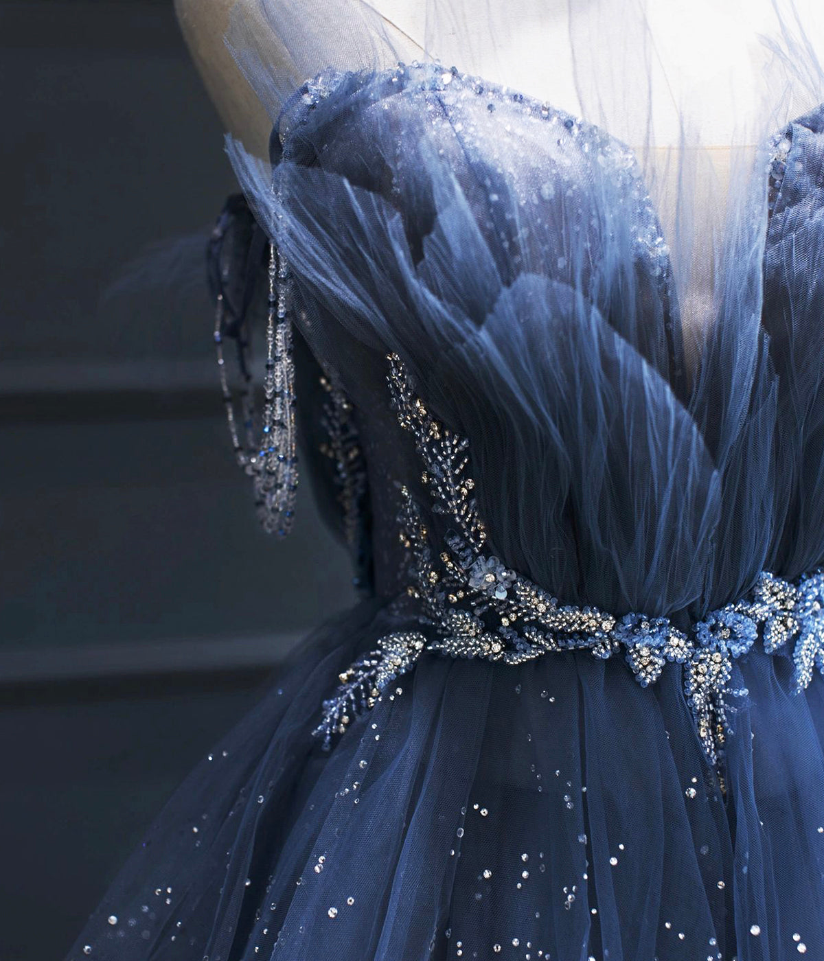 Dark Blue A Line Strapless Beaded Tulle Long Senior Prom Dress  Evening Party Dress DP915
