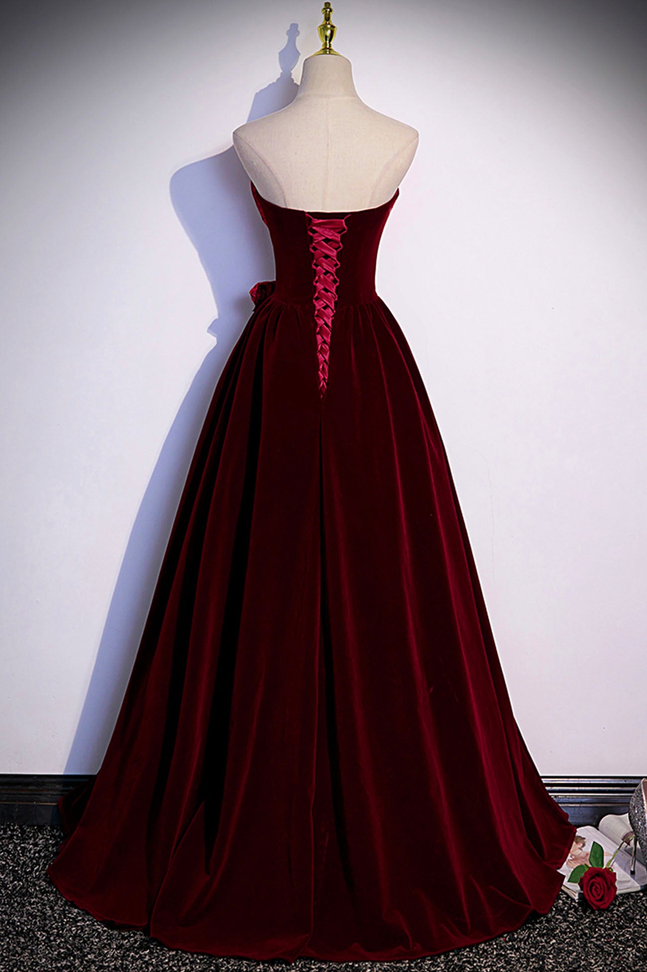 Burgundy Velvet Long Prom Dress A Line Evening Gown DP1085