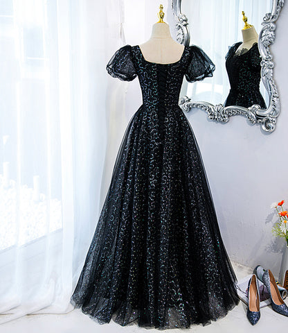 A Line Puff Sleeve Sequins Black Tulle Long Prom Dress Evening Dress DP1072