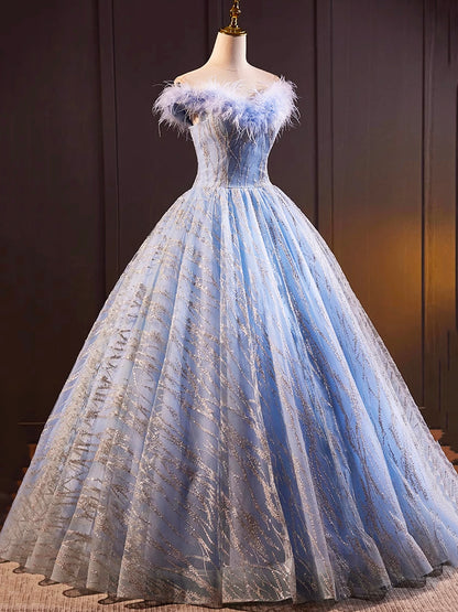 A Line Sequins Blue Tulle Long Prom Dresses Evening Dresses with Feather DP1099