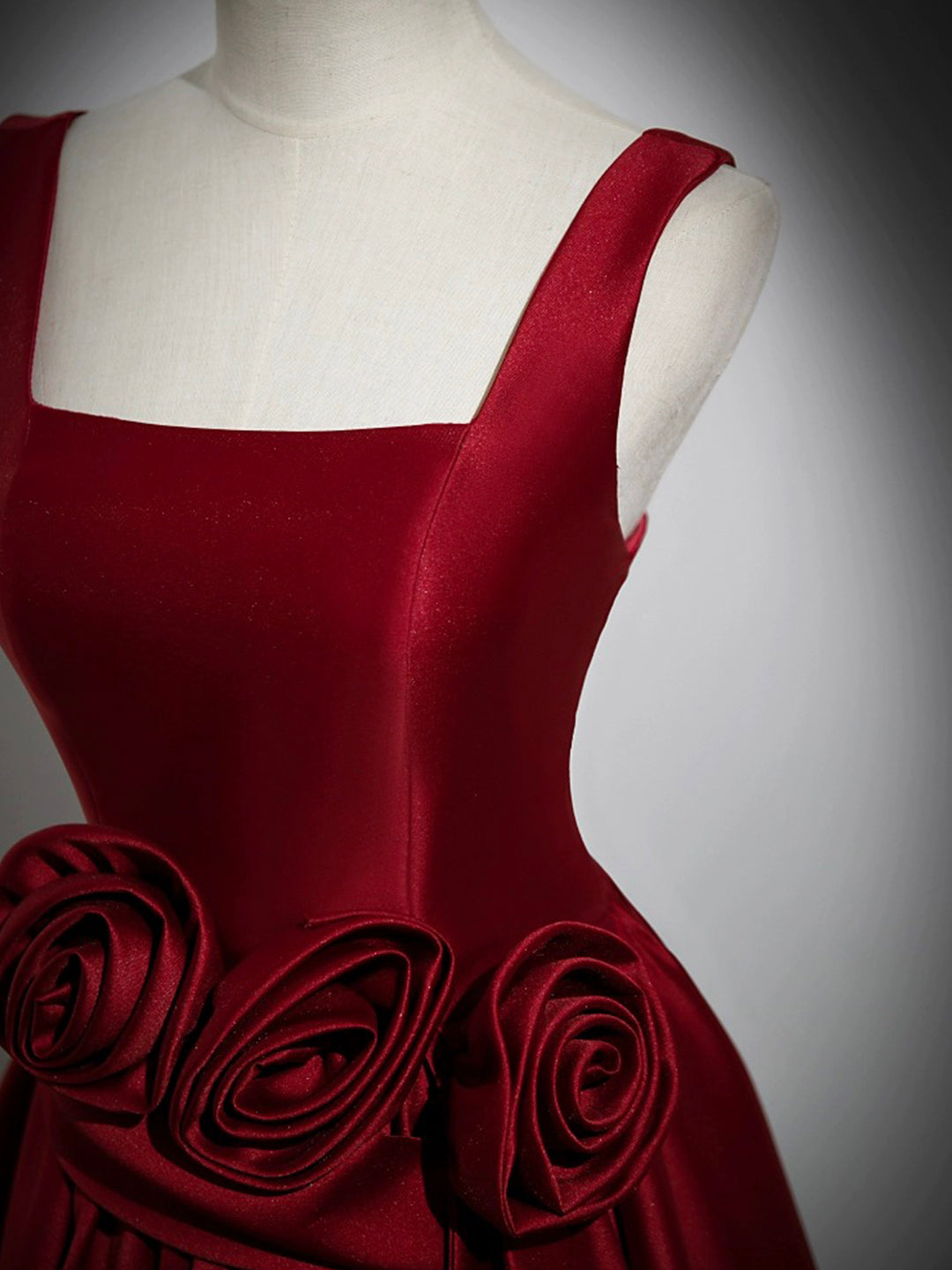 Burgundy A Line Square Floral Satin Long Prom Dress DP947