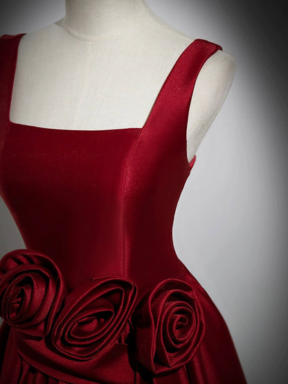Burgundy A Line Square Floral Satin Long Prom Dress DP947