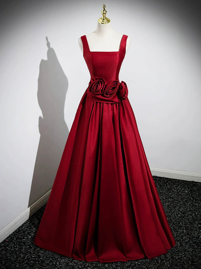 Burgundy A Line Square Floral Satin Long Prom Dress DP947