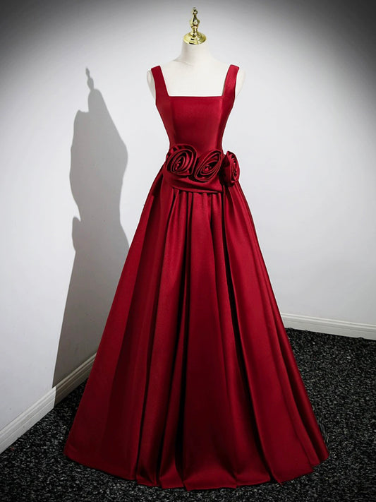 Burgundy A Line Square Floral Satin Long Prom Dress DP947