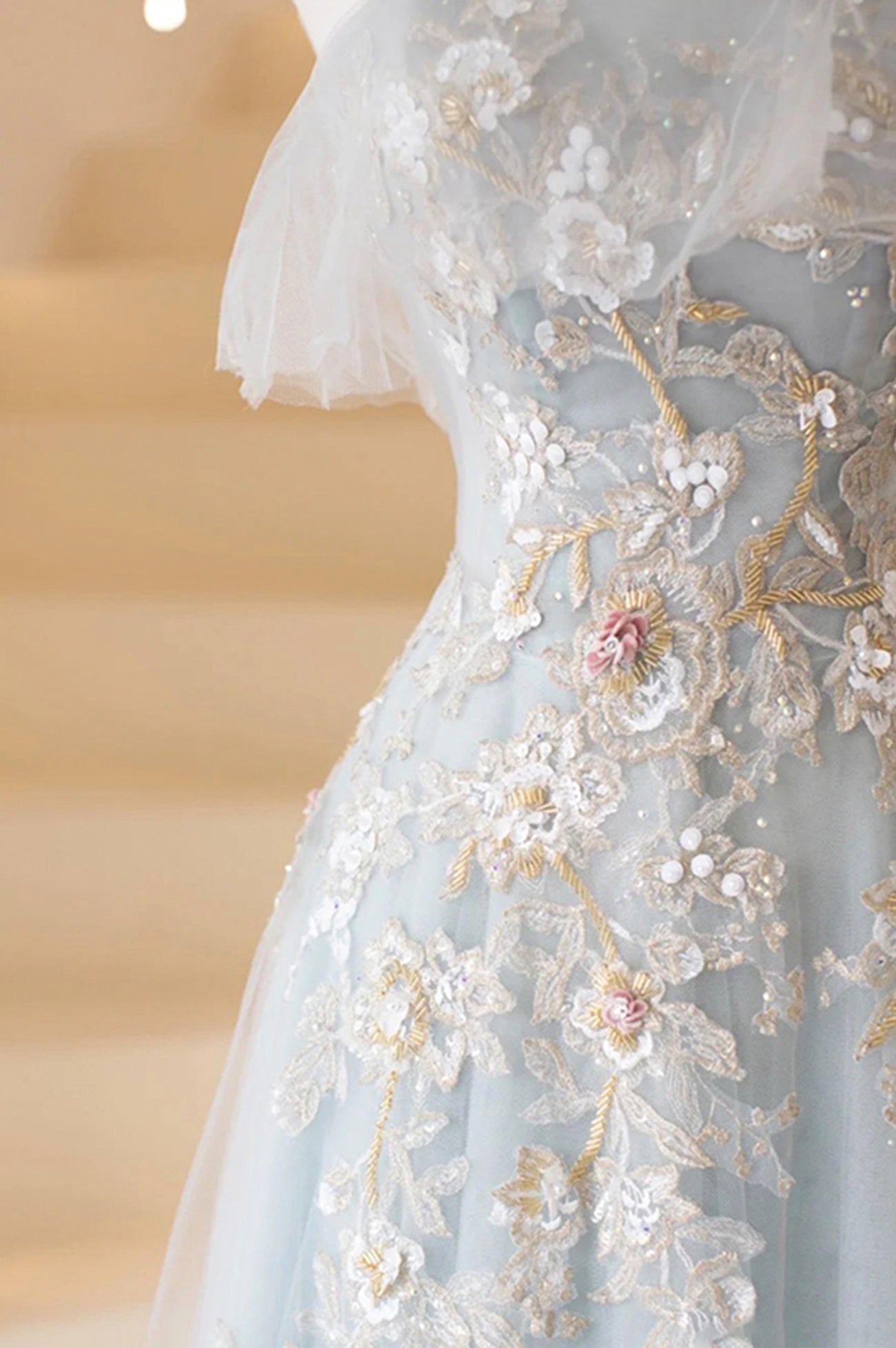 A Line Strapless Appliques Blue Tulle Lace Prom Dress Evening Dress DP1095