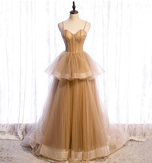 A Line Spaghetti Strap Tulle Prom Dress Evening Dress Seep Train DP1096