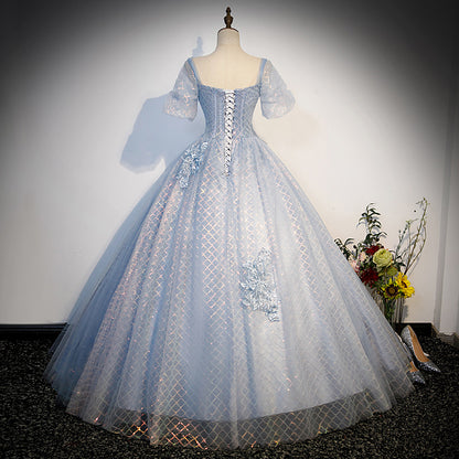 Blue A Line Short Sleeve Sequins Tulle Lace Long Prom Dress Evening Dress DP1312