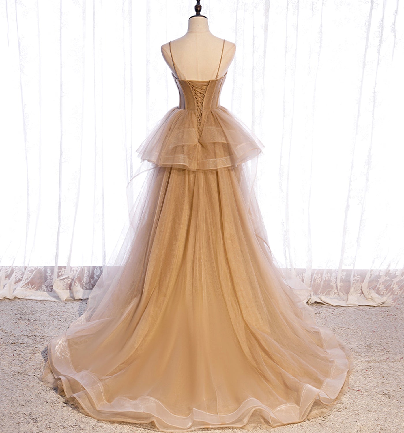 A Line Spaghetti Strap Tulle Prom Dress Evening Dress Seep Train DP1096