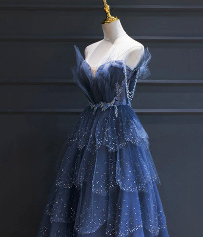 Dark Blue A Line Strapless Beaded Tulle Long Senior Prom Dress  Evening Party Dress DP915
