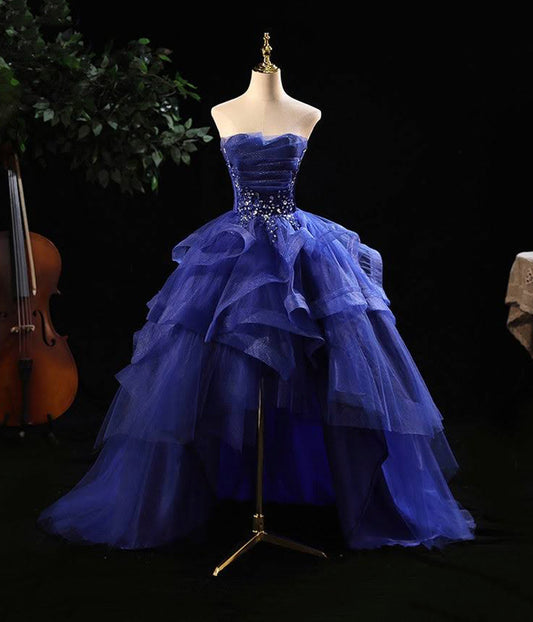 Blue Strapless Ruffles Tiered Crystal Beaded Tulle High Low Prom Dress DP1193
