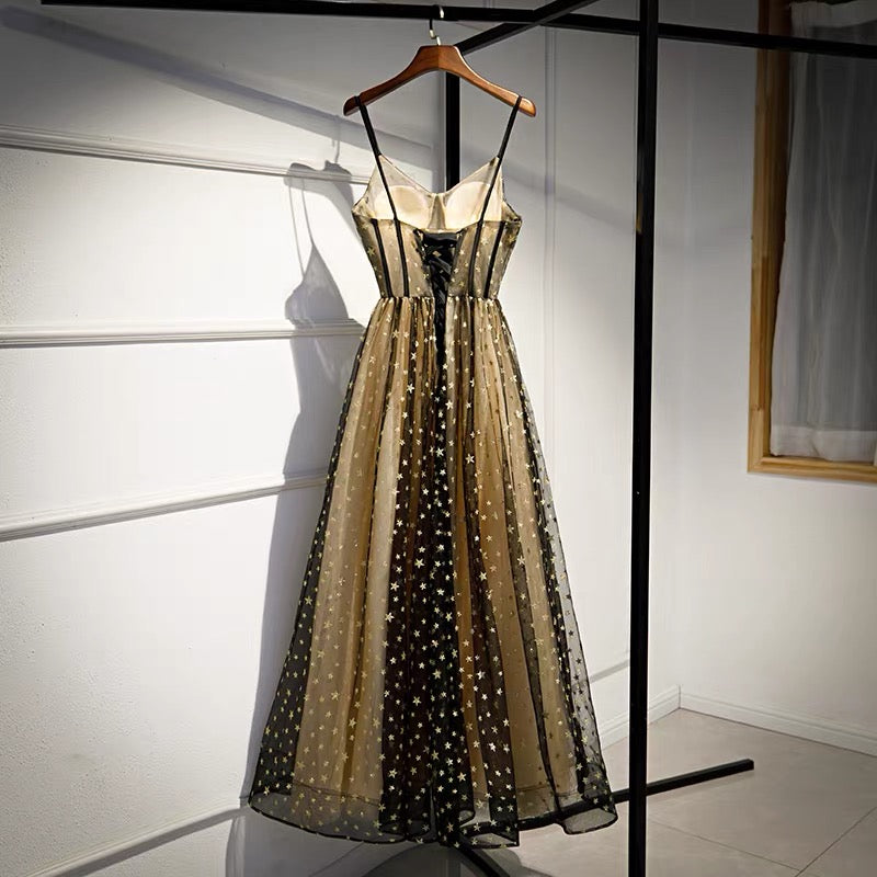 A Line Spaghetti Straps Tulle Prom Dress with Stars Evening Gown DP1076