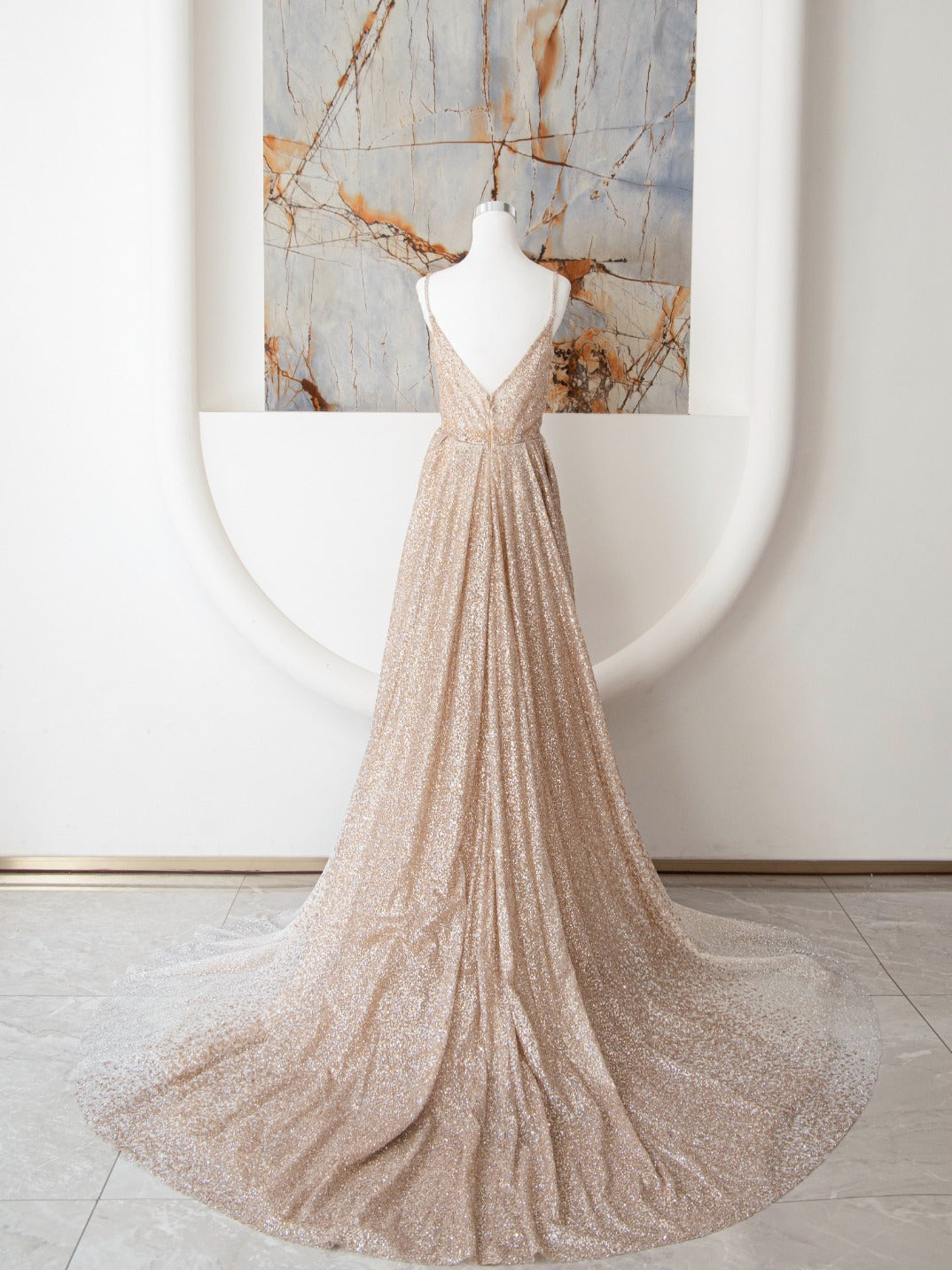 Champagne A Line Spaghetti Strap Sequins Long Prom Dress Evening Dress DP906