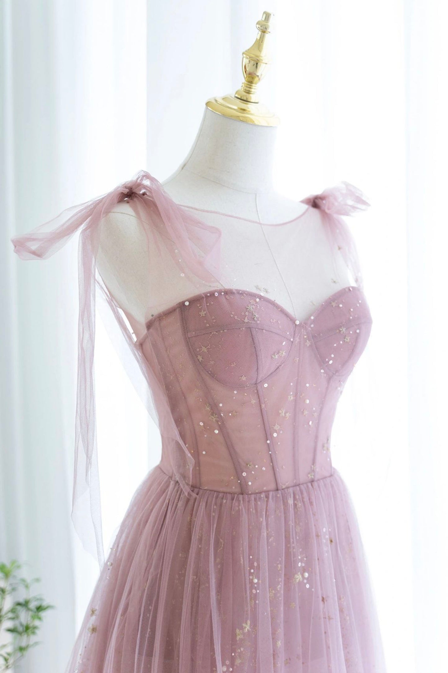 A Line Sweetheart Neck Sequin Pink Tulle Long Prom Dress Evening Dress DP1202