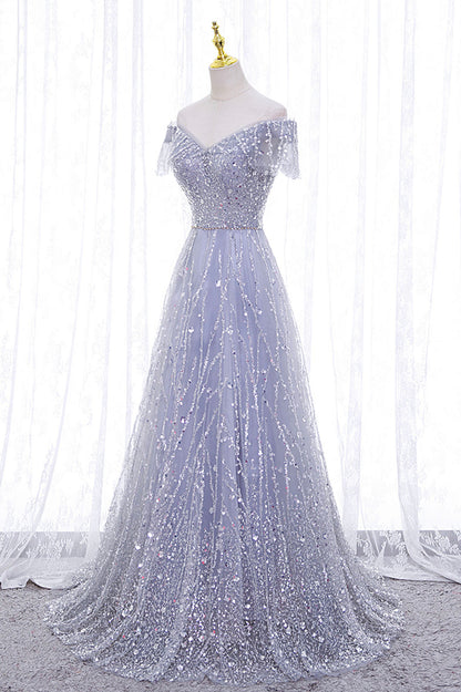 Elegant A Line Off the Shoulder Sequins Tulle Long Prom Dress Evening Dress DP1231