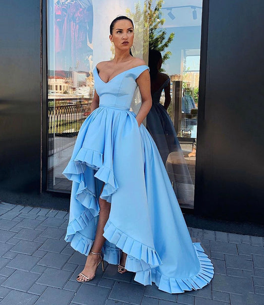 Blue A Line Satin High Low Satin Prom Dress Evening Dress DP978
