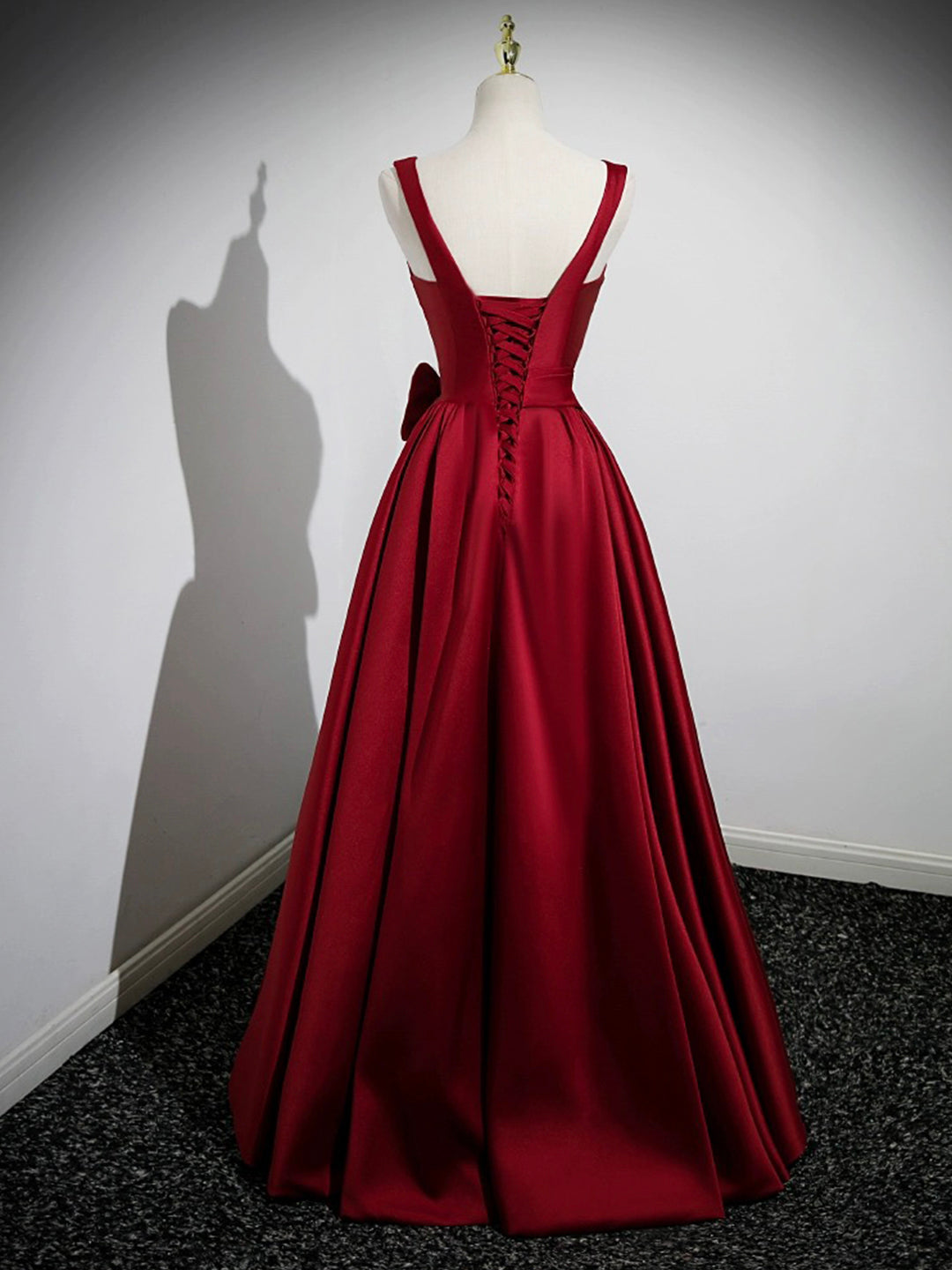 Burgundy A Line Square Floral Satin Long Prom Dress DP947