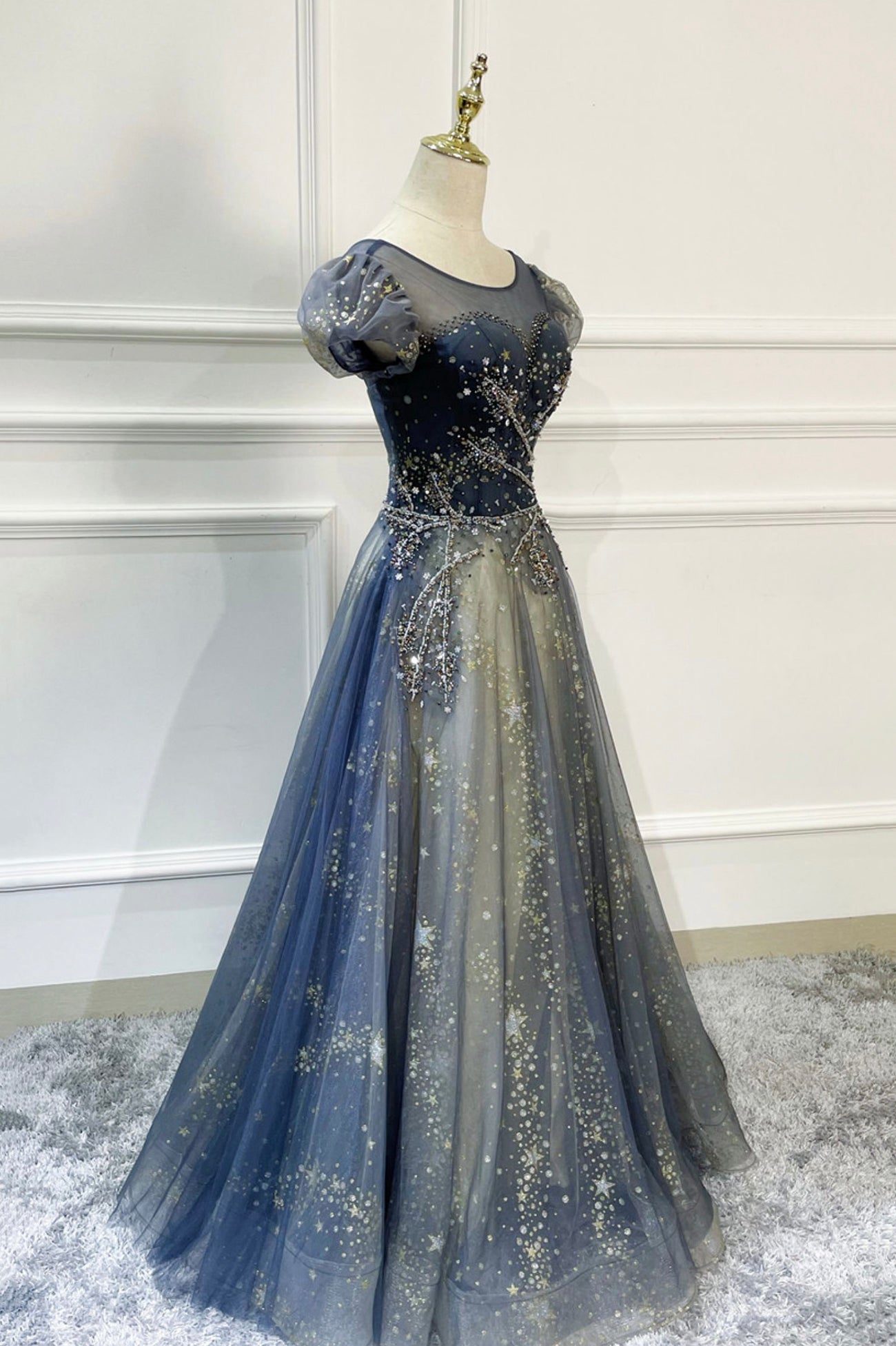 Blue A Line Beaded Sequins Tulle Long Prom Dress Evening Dress DP969