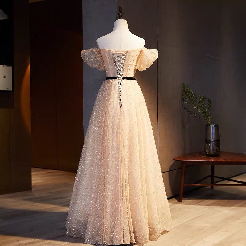 Champagne A-line Pearl Tulle Long Prom Dress Evening Dress DP964