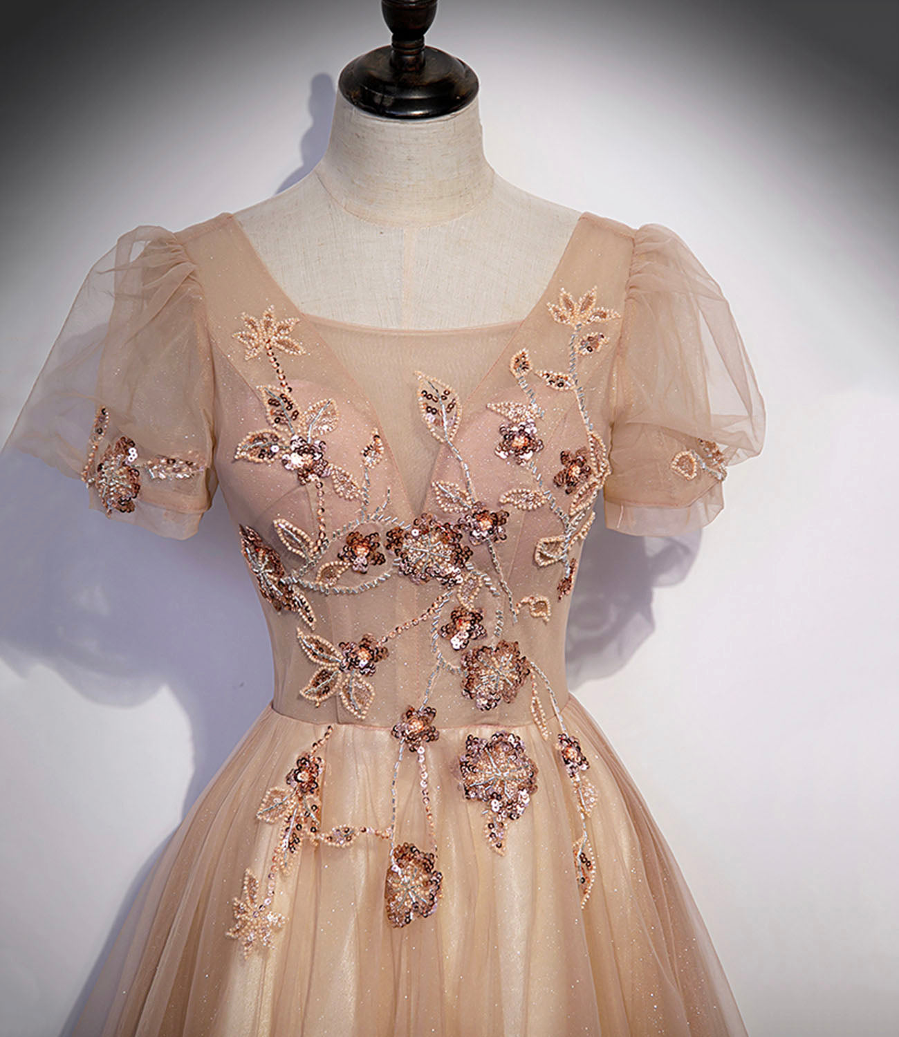 A Line Round Neck Puff Sleeve Appliques Tulle Long Prom Dress Evening Dress DP1134