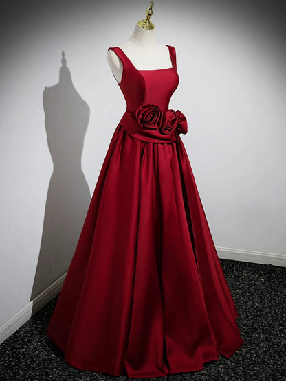 Burgundy A Line Square Floral Satin Long Prom Dress DP947