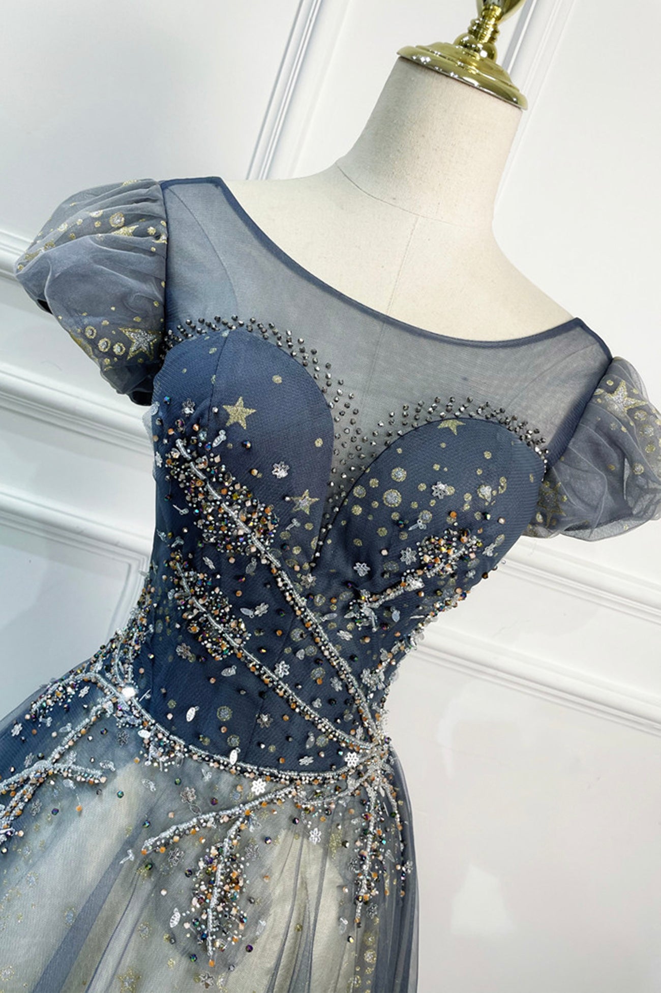 Blue A Line Beaded Sequins Tulle Long Prom Dress Evening Dress DP969