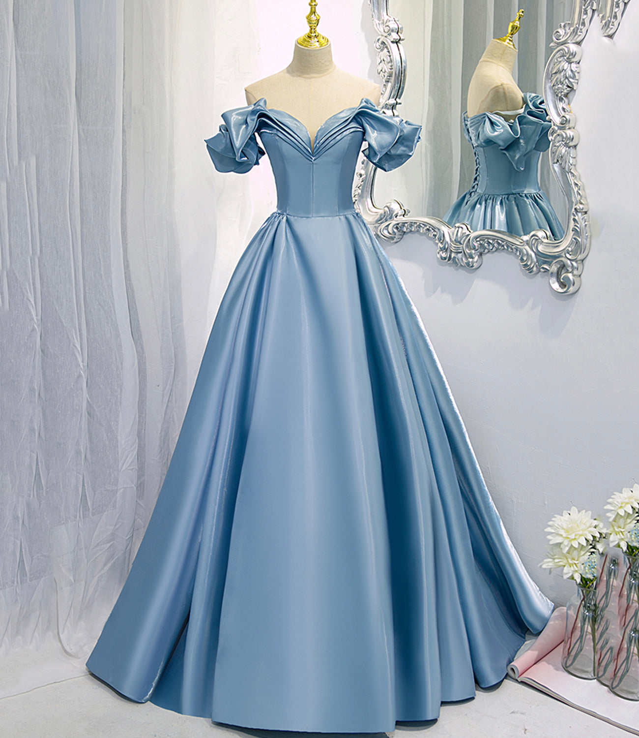 Blue A Line Off-the-shoulder Satin Long Prom Dress Evening Dress DP1090
